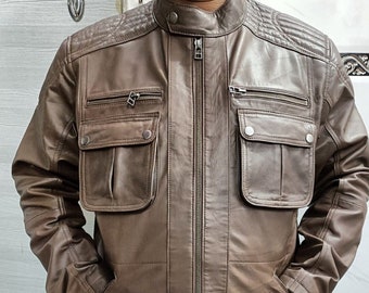 Mens Vintage Distressed Brown Leather Jacket, Mens MOTORCYCLE Cafe Racer BROWN Leather Jacket, Handmade QUILTED Designer Jacket