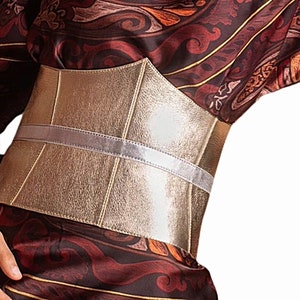 Womens OBI Real Leather Metallic Gold & Silver Waist Belt, Elegant Fashion Dress Leather Waist Wide Belt, Curved style Wrap Belt With Buckle
