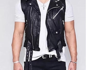 Mens Black Leather Punk Vest, REAL Lambskin LEATHER VESTS, Stylish Steampunk Vest, Biker Leather Vest, Leather Motorcycle Vest, Belted Vest