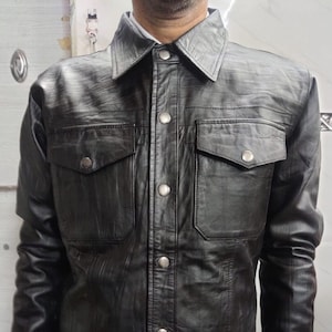 Mens Leather SHIRT Jacket | TRUCKER Jacket for Men WRINKLE style Leather Jacket | Special Gift for Him Husband |