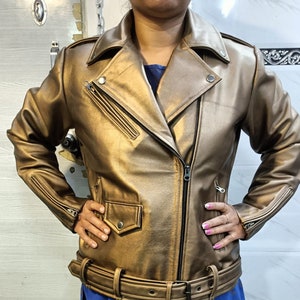 Womens Metallic GOLD Leather Jacket | Motorbike Celebrity Leather Jacket | SPARKLE Leather Jacket | Slim Fit Party Leather Jacket