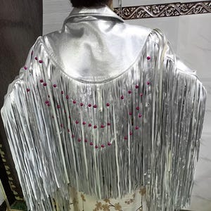 Womens Lambskin Metallic SILVER Leather Tassel Jacket, Western Style FRINGED Festive Jacket With Magenta BEADS, Party Shiny Leather Outfit