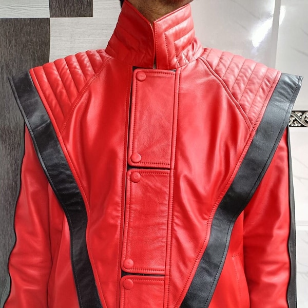 Chaqueta de cuero rojo y negro de piel de cordero para hombre, chaqueta de suspenso de película de MICHAEL Jackson con bloques de color, chaqueta de DISFRAZ de cosplay de celebridades para fanáticos de MJ