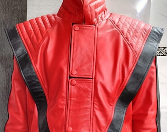 Mens Lambskin Red & Black Leather Jacket, Color-Block MICHAEL Jackson Movie Thriller Jacket, Celebrity Cosplay COSTUME Jacket for MJ Fans