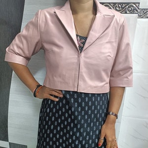 Womens & Girls 100% Genuine Lambskin Leather Baby Pink CROPPED Motor Bolero Shrug Jacket Slim-Fit, Short Sleeves CROPPED No Closure Jacket