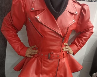 Women's Stylish Red Lambskin Leather Jackets, PEPLUM-Hem Biker PLEAT Flare Leather Jacket with PUFF Sleeves, Ruffle Jacket with Zipper Trim
