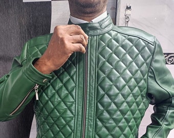 Men's Real Lambskin GREEN Leather Biker Jacket | Mens Stylish DIAMOND Stitch Motorcycle Leather Jacket | Quilted Style PUFFER Leather Jacket