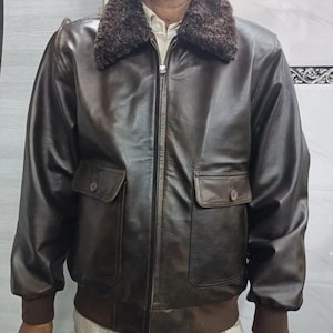 Mens Lambskin Antique Brown Leather Jacket, Inspired By G-1 Aviator Style Bomber Jacket with Fur Collar, Cockpit Pilot Leather Flight Jacket