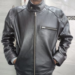 Men&#39;s Genuine Lambskin BLACK Leather Jacket, Motorcycle Leather Jacket CAFE RACER Jacket Handmade Real Leather Biker Jacket Gift for Him