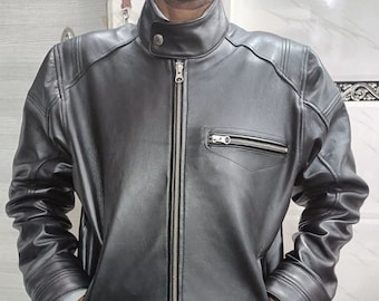 Blouson homme en cuir d'agneau véritable NOIR, veste moto en cuir CAFE RACER veste motard fait main en cuir véritable cadeau pour lui