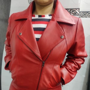 Lambskin Women&#39;s Biker Red  Leather Jacket | Quilted Soft Real Leather  |  Motor Slim Fit Jacket | Stylish and Beautiful Jacket For Ladies