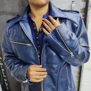 Womens & Girls 100% Genuine Soft Real Lambskin Leather Jacket Motorcycle Antique Blue Slim Fit Biker Jacket | Special Gift For Her
