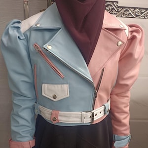 Women's  MULTI-COLOR Sky Blue, Baby Pink, White Biker Leather Crop Jacket, COLORFUL  Puffer Sleeves Cropped Leather Jacket With Belted