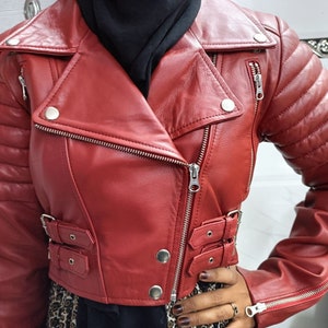 Women&#39;s Real Lambskin CROP Leather Jacket, Red LEATHER Celebrity Cropped Motor Bolero SHRUG Biker Jacket with Long Sleeves Beautiful Look