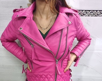 Womens PINK leather BIKER JACKET | Women Biker Motorcycle Jacket Hot Pink, Ladies Designer Motorcycle Leather Jacket ~ Casual Cropped Jacket