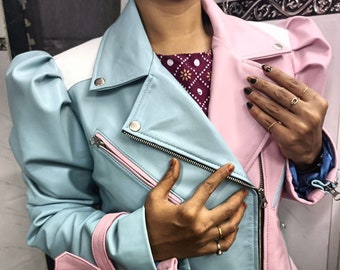 Women MULTICOLOR  Sky Blue, Baby Pink , White Motorcycle Leather Jacket, Jacket for Movie Date, COMBINATION Leather Jacket, COLORFUL Jacket
