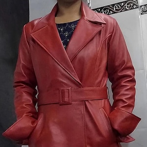 Damen Schaffellleder Midi Mantel, Langer Ledermantel, Leder TRENDY Trenchcoat, Damenmantel mit Tasche, ROTER Ledermantel, Weihnachtsgeschenk