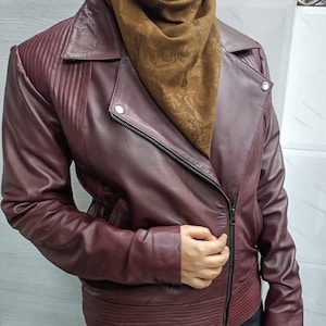 Handmade Women Burgundy Leather Jacket - Burgundy Zip-Up Coat - Trendy Lightweight Outerwear - Stylish - Fall & Winter Fashion - Moto Jacket