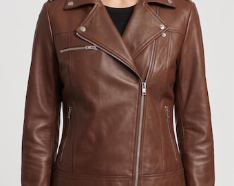 Veste de motarde en cuir véritable marron pour femme, coupe ajustée, fermeture éclair asymétrique faite main, style motard