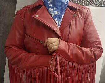 Women Genuine Lambskin Leather TASSEL Jacket | RED Color FRINGE Western Ladies Jacket |  Women's Red Fringe Biker Jacket