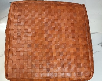 Leather Pouf Cover, Un-stuffed Moroccan Square POUF ,Leather Ottoman, Footstool & Hassock, Square Hand Woven Leather Pouffe TAN BROWN