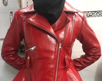 Handmade PEPLUM-Hem Asymmetric Style Biker RED Leather Jacket, Women Biker Leather Jacket With RUFFLE Detail Frill Designer Jacket