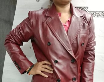 Women Lambskin Leather Blood RED BLAZER | Casual Office Wear FORMAL Leather Blazer | Double Breasted Leather Blazer Best Gift for Her |