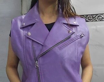 Womens Genuine Lavender Leather Biker Vest Coat, Motorcycle  Leather Waistcoat, Ladies Party Costume Vest Coat with Sleeveless, Gift For Her