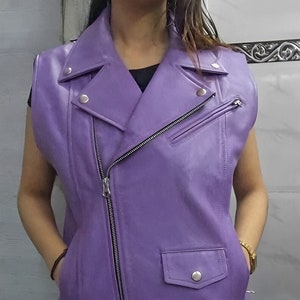 Womens Genuine Lavender Leather Biker Vest Coat, Motorcycle  Leather Waistcoat, Ladies Party Costume Vest Coat with Sleeveless, Gift For Her