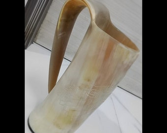 Viking Drinking HORN Mead Mugs, Handcrafted Nordic Vikings WOLF Carved Tankard Cups For Wine, Medieval BEER Stein, Shot Glass with 6 Inches