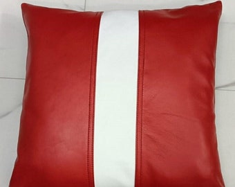 Red/White LAMBSKIN Leather PILLOW Cover | SQUARE Pillow Cover,  Throw Case Cover ,Home & Living Decor, Gift Cushion Cover, Housewarming Gift