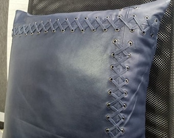 Lambskin Leather Pillow Cover -Navy Blue | Square Cushion Cover | BRAIDED Leather Throw Case Cover For Sofa Décor CRISS Crossed Laced - BLUE
