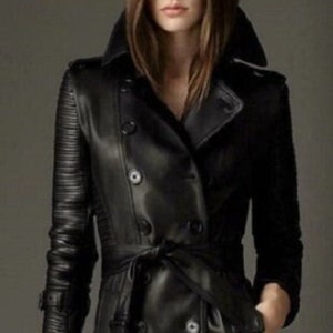 Womens Real LAMBSKIN Leather Long TRENCH Coat, BLACK Double Breasted long coat, Stylish & Elegant Outerwear Kimono Style Leather Trench Coat