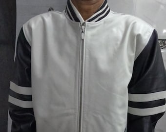 Mens Lambskin BLACK WHITE Leather Jacket | Color Block White Black Leather BOMBER Jacket | Black White Stripped Jacket Biker Style