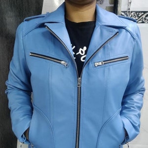 Women Blue Genuine Lambskin Leather Biker Jacket,Stylish Motorcycle Slim fit Leather Jacket, Clubbing Jacket for Movie Date, Gift For Winter