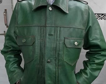 Mens GREEN Leather SHIRT | Slim Fit Outwear Real Leather TRUCKER Jacket With Button | Lambskin Leather Shirt For Winter Christmas Gift