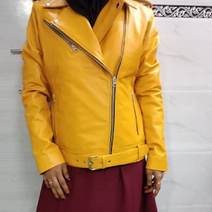 Womens & Girls REAL Yellow Lambskin Leather Moto BIKER Jacket, Slim-Fit, Multi Zip, Long Sleeve, STYLISH and Beautiful Look Jacket For Women