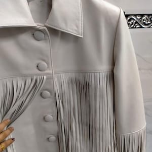 Womens Off White Leather Long FRINGE Coat, Midwest Western Style Cowgirl TASSEL Leather Jacket,  CUSTOM Made Festival Fringed Leather Jacket