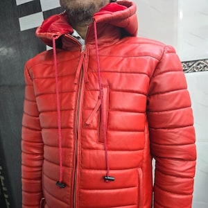 Men&#39;s Quilted Red Lambskin Leather Jacket, WINDBREAKER Biker Puffer Leather Padded Jacket with DETACHABLE hood, Winter Leather PUFFER Jacket