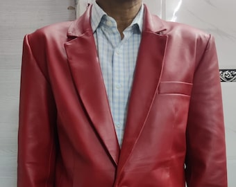 Mens Leather Blazer | Blood RED FORMAL Blazer, Western Office MEETING Blazer | Single Breasted Leather Blazer | Button Closure Blazer |