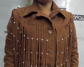 Women SUEDE Leather TASSEL Jacket | BROWN Color Fringe Western Ladies Jacket | Designer Beaded Suede Fringe Coat | Birthday Gift for Her|