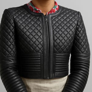Women&#39;s Black Cropped Leather Jacket | Full QUILTED Jacket | Cropped Motor Bolero Shrug Biker Jacket | Long Sleeves Beautiful Look |