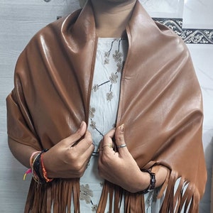 Gorgeous Tan Leather Scarf With Fringe , Leather Fringe SHAWL ,Western SCARF Make Your Stylish Outfit FASHIONABLE