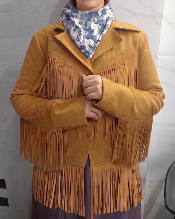 Vintage-Inspired Camel Brown Fringe Suede Jacket, Western Style for Women - GOLDEN  Suede TASSEL Long  Western Cowgirl Coat | Boho Wear