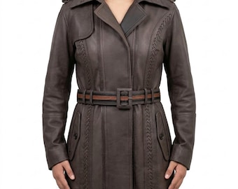 Leather Trench Coat | Leather Coat Women | Brown Leather Coat | Long Coat Women | Brown Trench Coat | Winter Coat Women | Women Leather Coat