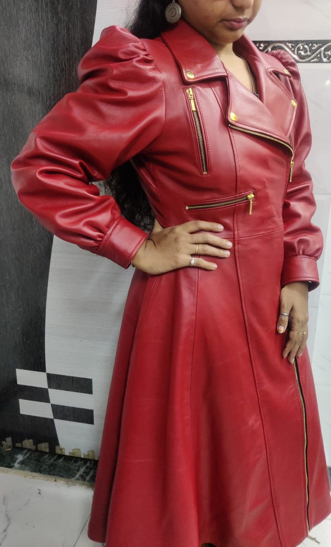 Brick Red Leather Trench Coat (M)
