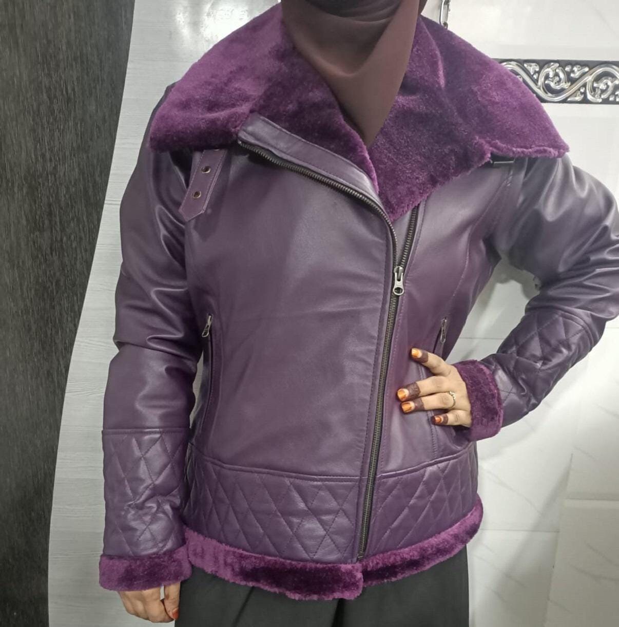 Womens Aviator Lambskin Leather Jacket PURPLE, Women SHEARLING Fur Jackets, Custom-Made Warm Winter Pilot Style FURRY Leather Jackets Women