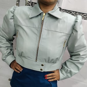 Womens Lambskin Powder Blue CROPPED Leather Jacket | PUFF Sleeves Leather Cropped Jacket | Casual Outfit Leather Jacket Celebrity Jacket |