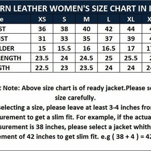 May include: A size chart for a leather jacket with a dark blue header titled WESTERN LEATHER SIZE CHART IN INCHES. It lists measurements for bust, waist, shoulder, sleeve length, and length across sizes XS to XXXL in inches with sizing advice.