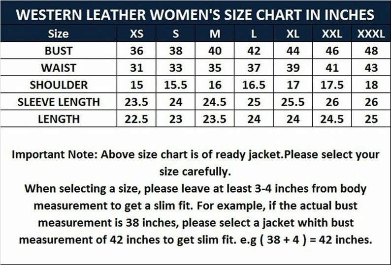 May include: A size chart for a leather jacket with a dark blue header titled WESTERN LEATHER SIZE CHART IN INCHES. It lists measurements for bust, waist, shoulder, sleeve length, and length across sizes XS to XXXL in inches with sizing advice.